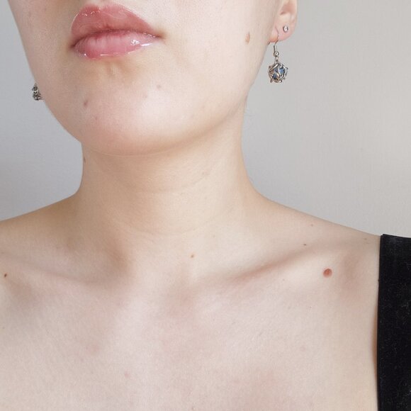 Classic & elegant fairy icy blue quartz caged pearl silver ball earrings - Picture 5 of 8